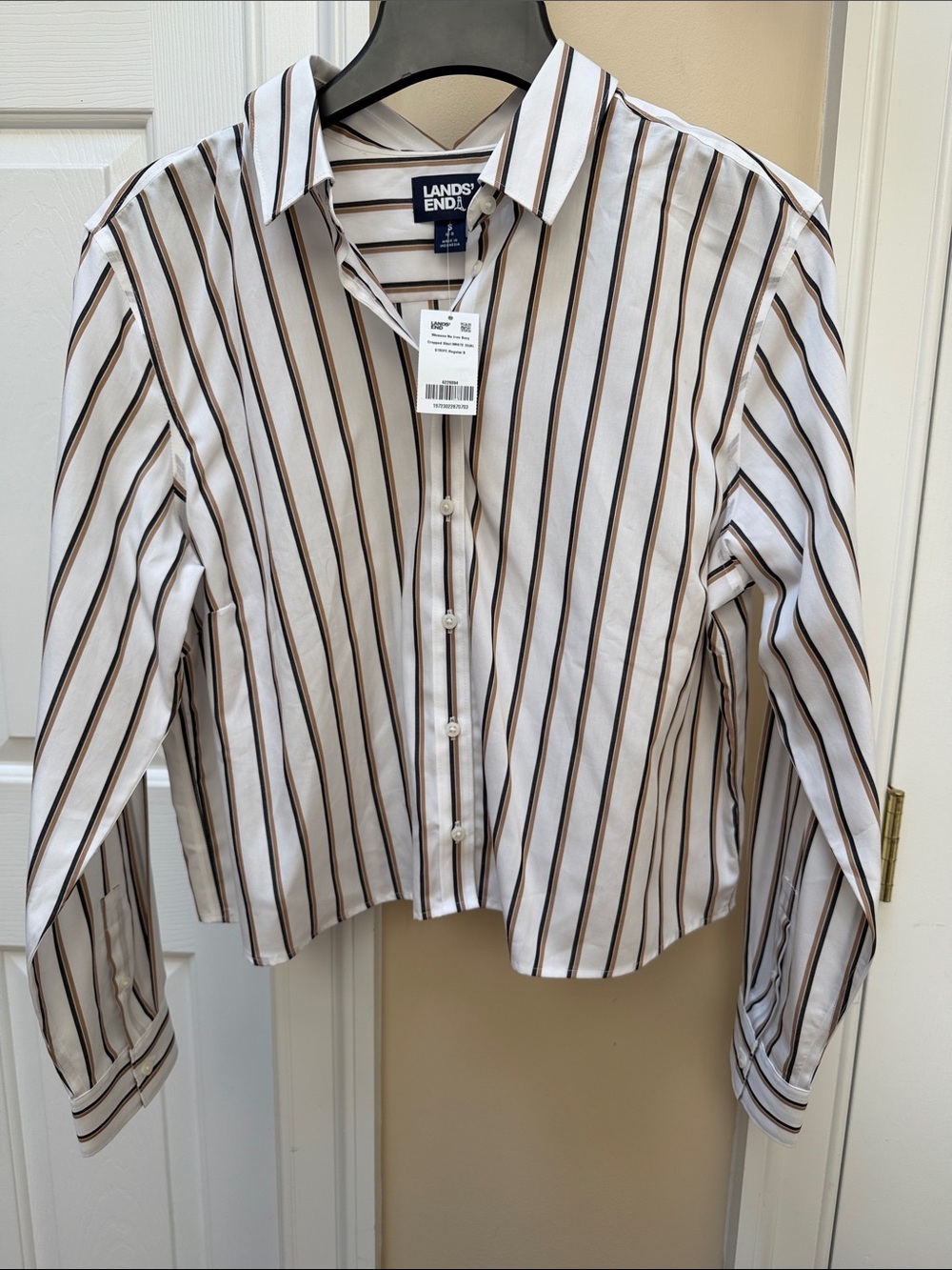Lands' End CROPPED Button-Front Shirt with Tan and Navy Stripes